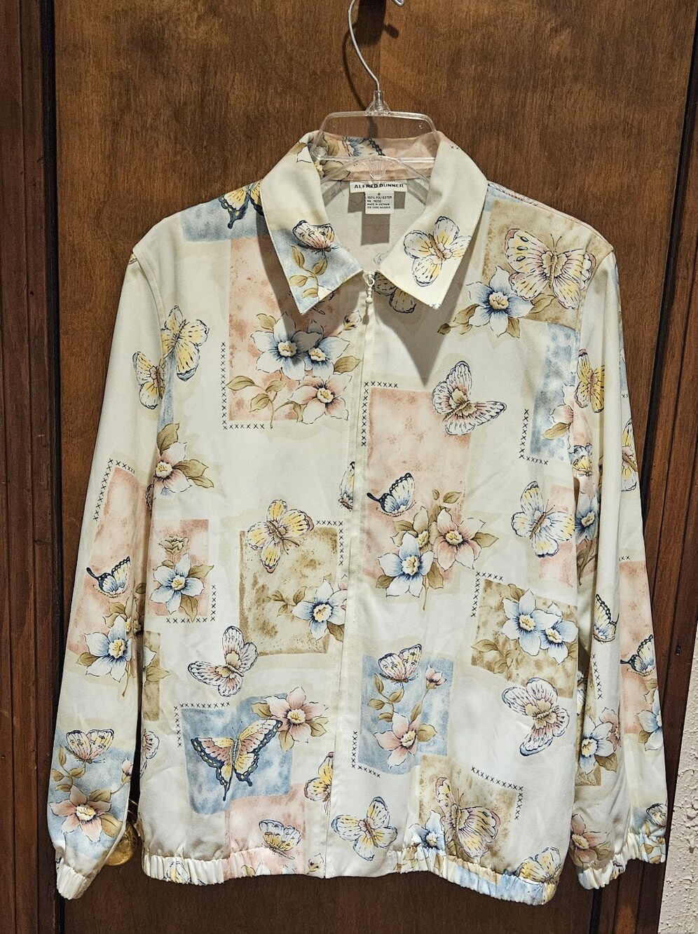 Alfred Dunner Butterfly Floral Zip Jacket Ivory Pink Blue Beige Women's Size 8